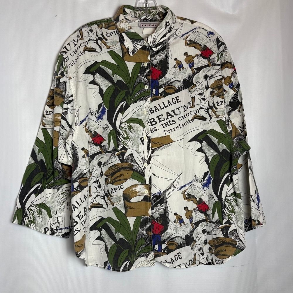 VTG Cabrais Novelty Print Button Up Shirt Martinique Tropical‎ Coffee Farm Large